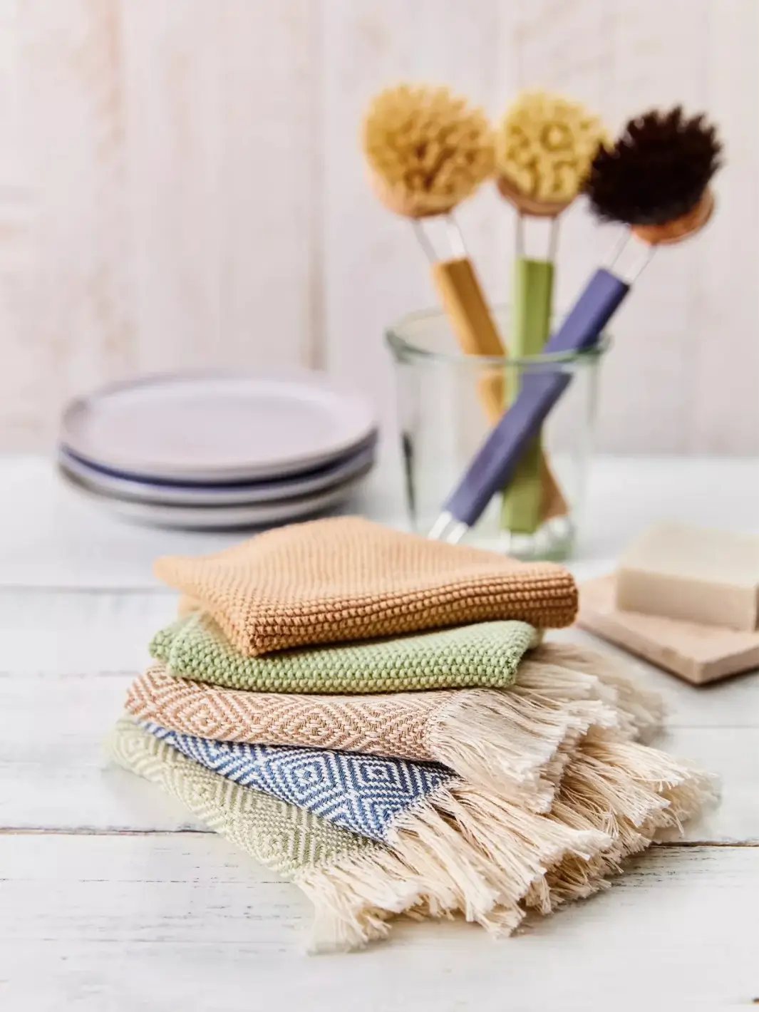 Dishcloth Set of 3, Mustard Yellow, Green, Blue - Image 2