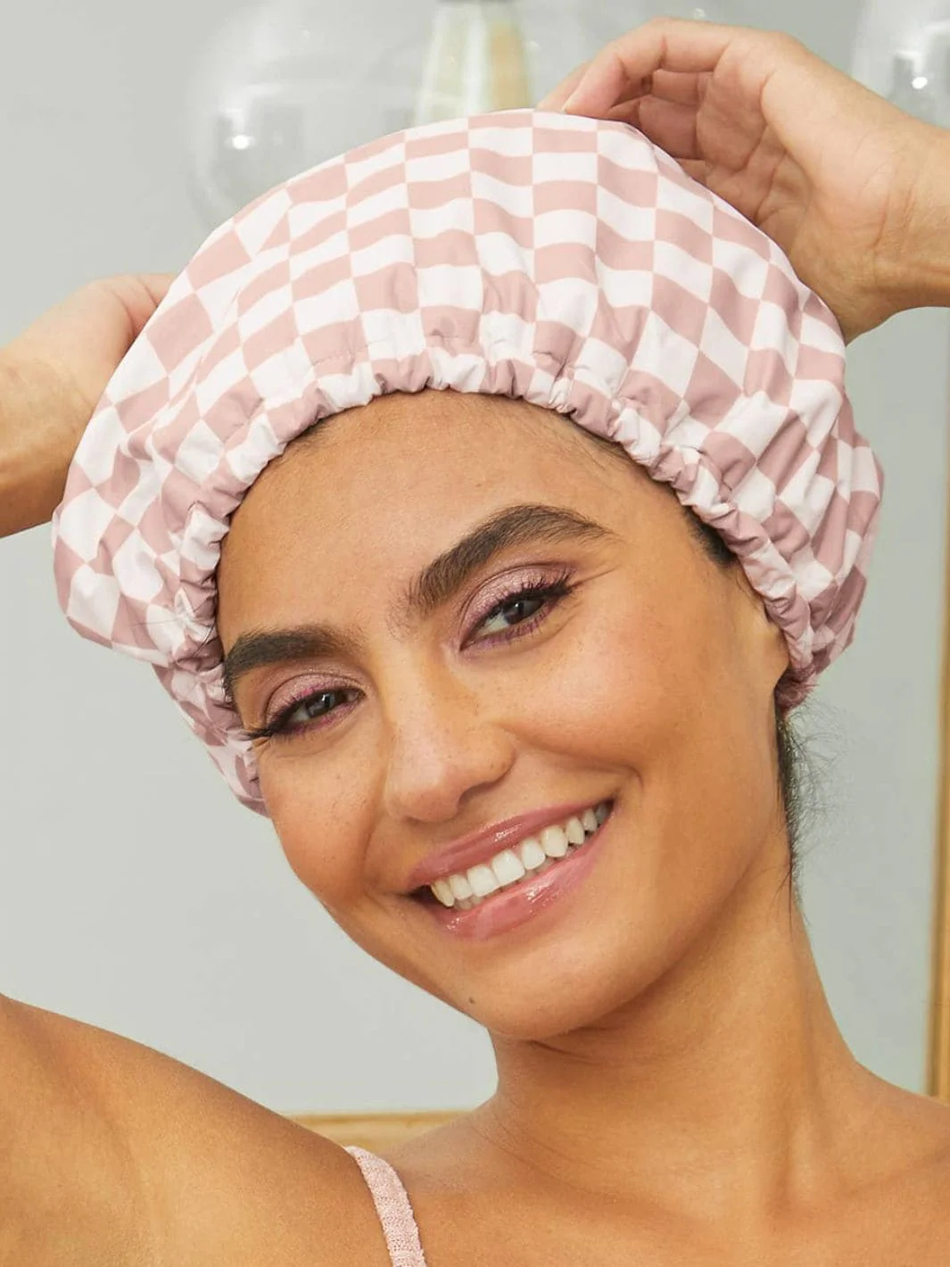 Satin Lined Flexi Shower Cap - Terracotta Checker - Image 2