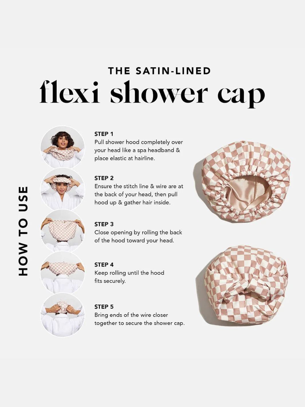 Satin Lined Flexi Shower Cap - Terracotta Checker - Image 3