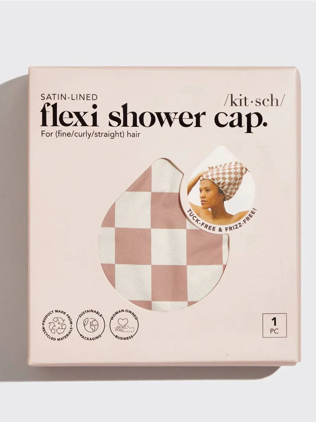 Satin Lined Flexi Shower Cap - Terracotta Checker - Image 7